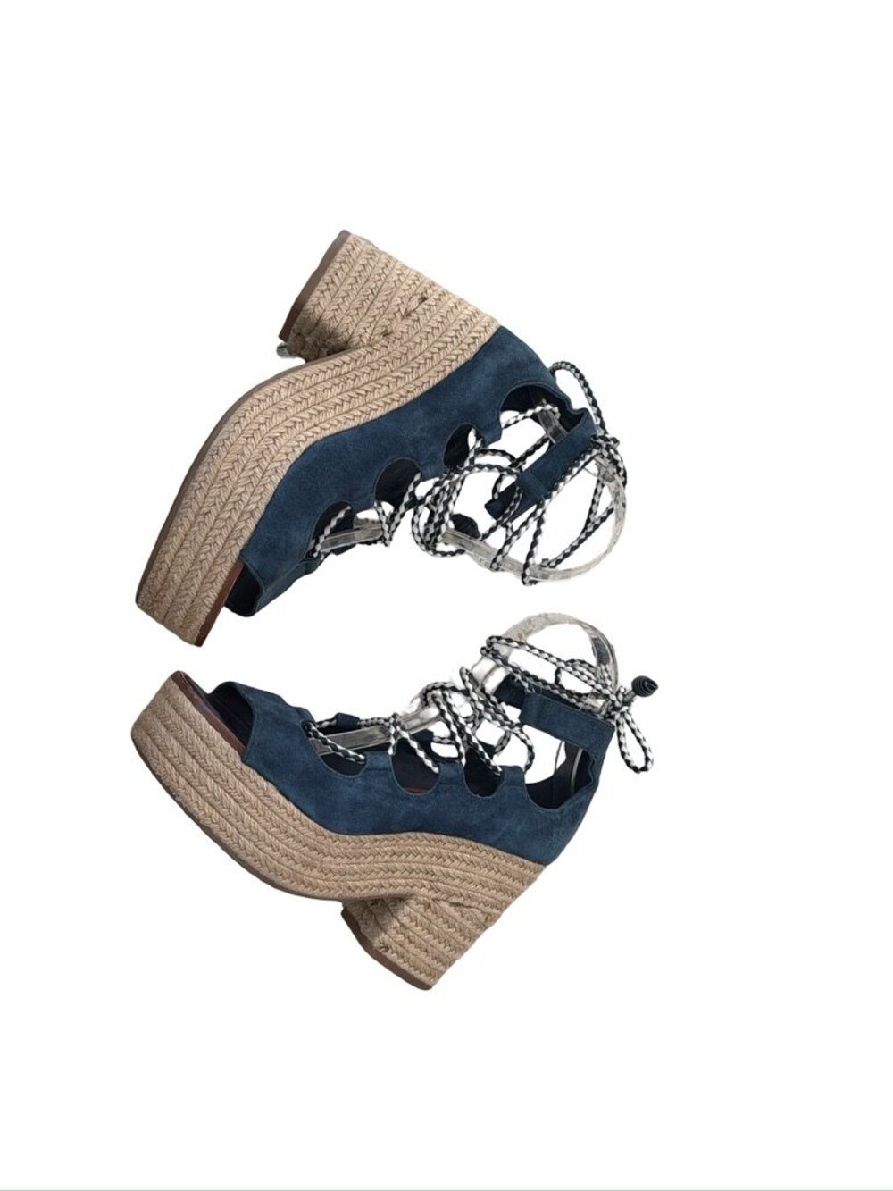 Tory Burch Positano blue denim lace up espadrilles heels size 8